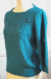 Vtg LeRoy Teal Chunky Knit Pullover Sweater 3/4 Sleeves 8 Sets of Beads Sz-Med - Picture 1 of 6