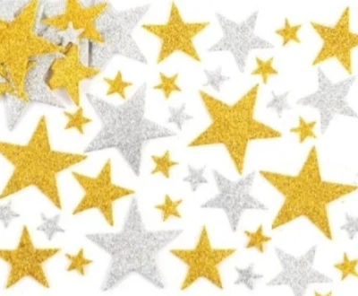 FUN STICKERS Glitter Star Stickers 35x Gold & Silver Foam Adhesive 3 Sizes Christmas Crafts