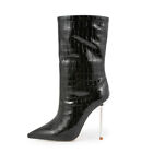 Womens Spring Pointed Toe Metal High Heels Side Zipper Mid-calf Boots US 5-11.5