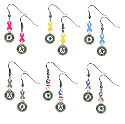 Oakland Athletics Ribbon Earrings Pink Cancer Blue Yellow Camo USA Crucial Cover