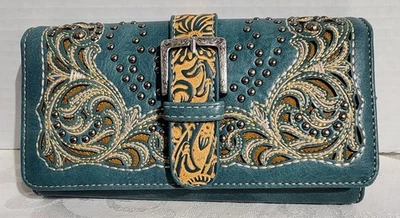 NWT Montana West Wallet Wristlet Tan & Turquoise Tooled Leather Dust Cover LOOK! - Image 1 of 4