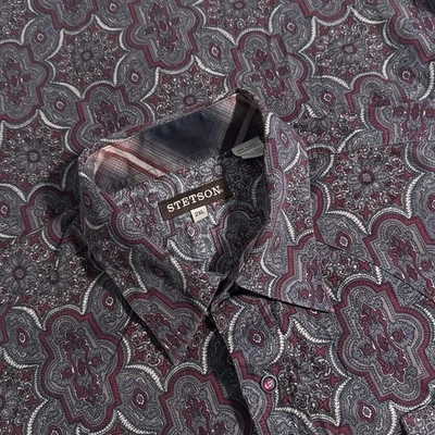 Stetson 男式 2XL 棉红色几何珍珠扣长袖西部衬衫 XXL — 第 1/4 张图片