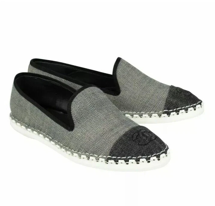 CHANEL Blue Denim Fabric Logo Loafers Flats Shoes Size 4 US 35 EU