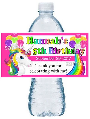 20 FAVORES DE FIESTA DE CUMPLEAÑOS UNICORNIO ARCO IRIS ~ ETIQUETAS DE BOTELLAS DE AGUA tinta impermeable Foto 1 de 4