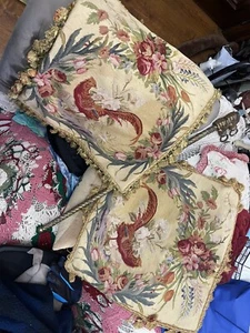 Pair Of  Aubusson Tassel Pillows 22”Pheasants Tapestry  Floral Tan Flowers - Picture 1 of 16