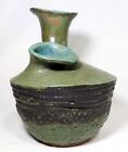MODERNIST 2 HEADED HAND COILED STONEWARE VASE IN MOSS GREEN/AQUA/SEPIA BROWN