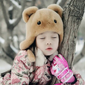 Kids Children Real Rex Rabbit Fur Hat Warm Caps Cute Bear Style Outdoor Beanie - Picture 1 of 11