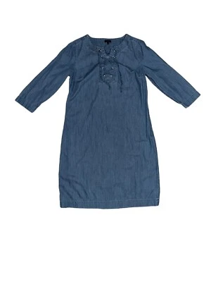 Talbots Size 8 Shift Dress Chambray 100% Cotton Tie Front Lace Up Side Zip Blue - Image 1 of 4