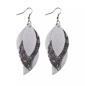Silver Three Layered faux Leather Boho, Leaf Earrings - Bohemian - Picture 1 of 1
