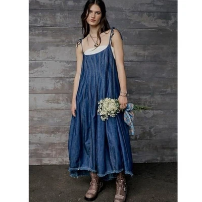 Maxi Vestido Free People Denim Dreams Midi Años 70 Azul Talla Mediana Jean Jumper Foto 1 de 4