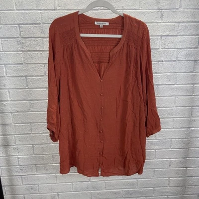 Top para mujer rosa y oliva óxido naranja punto suizo calado cuello en V abotonado 1X Boho Foto 1 de 4