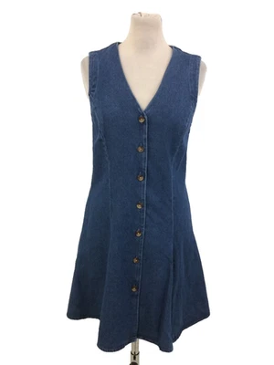 M&S Women's Denim Dress Size 10 Blue Flared Hem V-Neck Sleeveless Button New F1 - Image 1 of 4