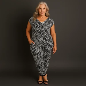 ROCKTHOSECURVES WOMENS Black White Abstract Cowl Neck Jumpsuit - Picture 1 of 3