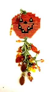 Halloween Handmade Orange Beaded Jack- O- Lantern Pin 1 1/4" x 3 1/2" Dangles - Picture 1 of 3