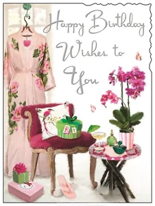 Tarjeta de cumpleaños femenina abierta Jonny Javelin - orquídea rosa en mesa y kimono 7,25x5,5 - Imagen 1 de 3