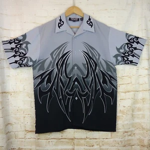 VTG Dragonfly Shirt Men M Gray Black Tribal Flame Button Loop Collar Grunge Bike - Picture 1 of 12