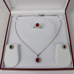 WHITE GOLD FINISH red Ruby set Assent Diamond Pendant Ring Earring gift for her - Picture 1 of 6