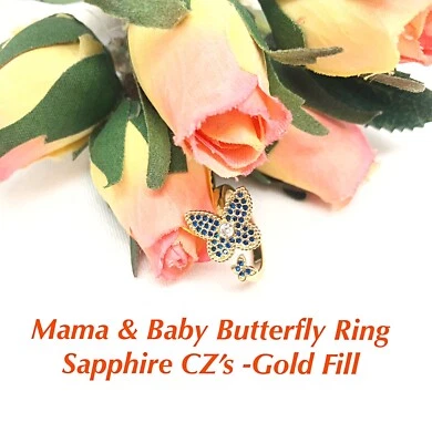Anillo Mariposa Zafiro Ajustable Circonita, Relleno de Oro, Mariposa Mamá y Bebé, Nuevo con Etiquetas Foto 1 de 4