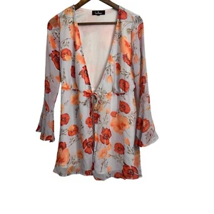 Camisa cárdigan túnica con corbata delantera Lulus floral talla pequeña manga campana - Imagen 1 de 5
