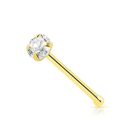 14k Solid Gold Nose Bone Stud Ring 22G with Prong Setting Round CZ Nose Piercing - Image 1 of 2