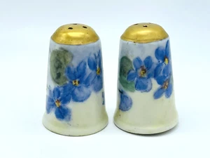 Vintage Bavarian Hand Painted Blue Flowers Gold Salt Pepper Shaker Set - Picture 1 of 8