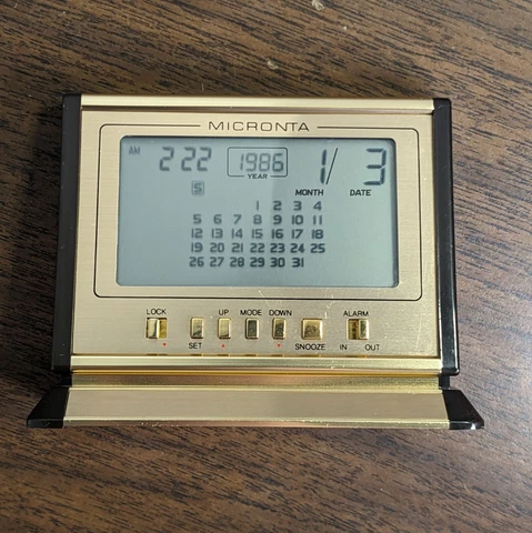 Vintage Micronta 63-761 Time Calendar Desk Clock Gold Small Alarm Digital Travel Cover