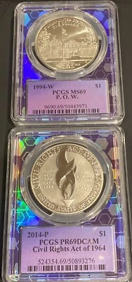 Lot Of 2 Commemorative 1oz Silver Dollars 1994W POW MS69 & 2014P Civil Rights PR - Image 1 of 4