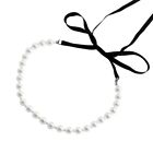 Trendy Pearls Beaded Choker Retro Palaces Style Black Ribbon Bowknot Necklace