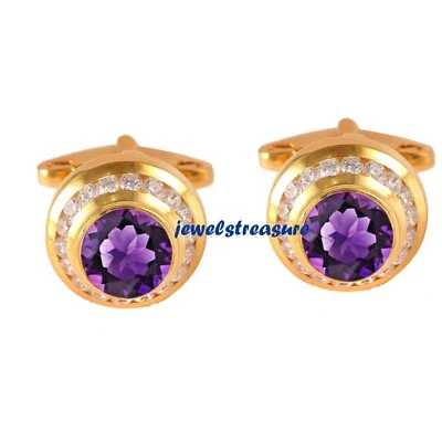 Gemelos enchapados en oro de plata de ley 925 con piedras preciosas de amatista natural y circonita cúbica #505 Foto 1 de 4