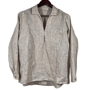J. Jill Love Linen Popover Shirt Womens M Beige Pullover Roll Tab Sleeves Resort - Picture 1 of 9