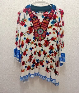 Túnica Caleoas Mujer XL Bordada Boho Floral Top Manga 3/4 Rayón  - Imagen 1 de 8