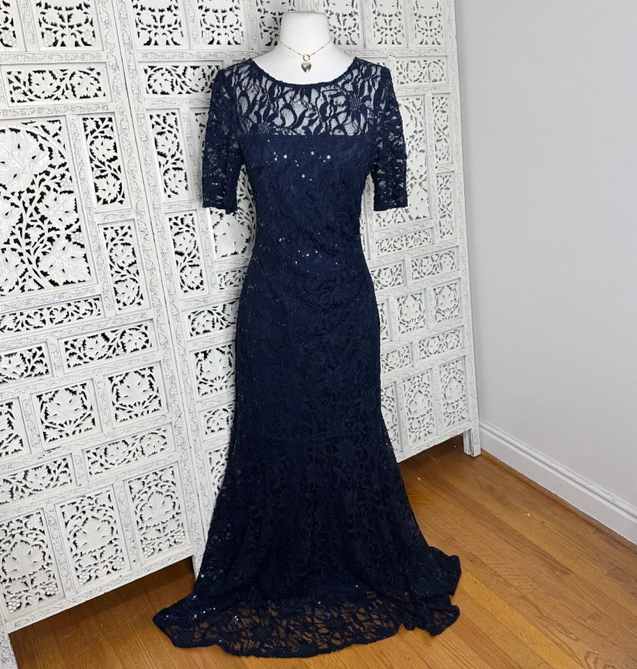 Decode 1.8 Azul Marino Encaje Acanalado Lentejuelas Fairycore Fluido Largo Formal Vestido Talla 10 Foto 1 de 4