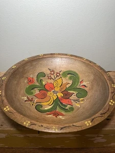Vintage Folk Art Wooden Bowl -10" Diameter - Scandinavian Rosemaling Painted - Picture 1 of 8