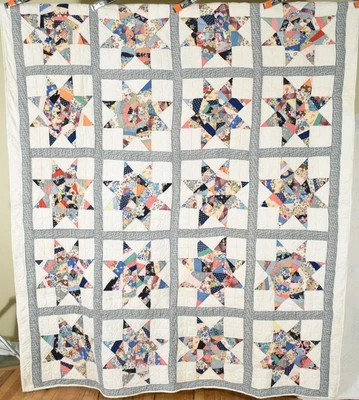 GORGEOUS 30's Crazy / Strip Stars Antique Quilt, Vintage Feed Sack Fabrics! - Image 1 of 4