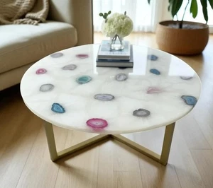 36"White Quartz Agate Table Top Roud Multi Gemstone Livingroom Decor Unique Gift - Picture 1 of 8