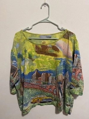 Liz And Me New York Size 2x 100% Cotton Green With Taxi And Sequence Shirt - Image 1 of 4