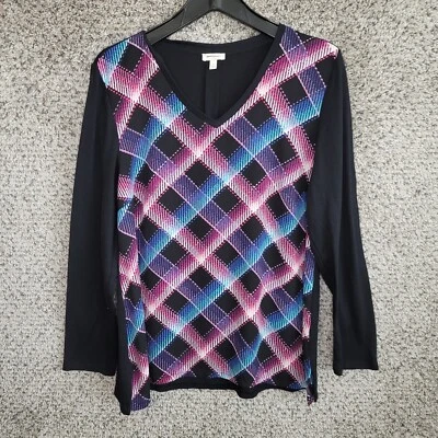 Top Talbots para mujer mediano negro a cuadros manga larga cuello en V poliéster damas Foto 1 de 4