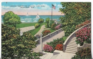 Vtg Postcard - Looking Toward the Stadium, Lake Park - Milwaukee, Wisconsin - Picture 1 of 2