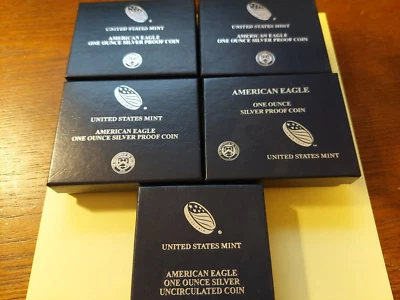 2013 - 2016 Five Silver Eagle Coins (4 Proof & 1 UNC) - Box & CoA - Image 1 of 4
