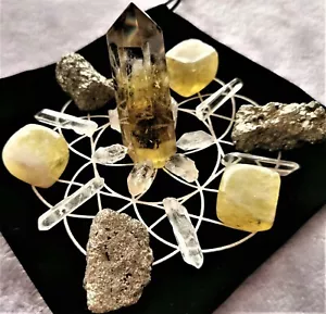Abundance Crystal Grid Set Citrine Pyrite Herkimer Sacred Geometry FlowerOfLife - Picture 1 of 11