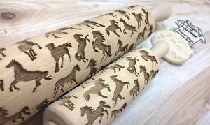 Rolling Pin Wooden Laser Cut Stylish Horses, Racehorses Pattern Embossing - Picture 1 of 8