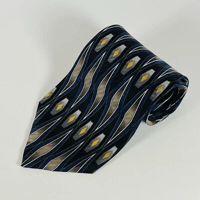 Albert Nipon 100% Silk Neck Tie Blue/Black/Brown/Yellow Geometric 4" - Image 1 of 4