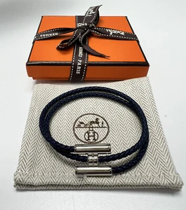 NEW Hermes Tournis Tresse Bracelet, Navy, Size T5, Palladium-Plated Hardware - Picture 1 of 3