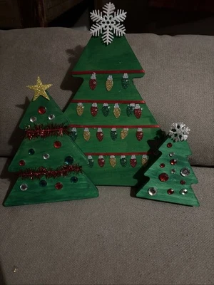 Set of 3 Handmade Wooden Christmas Tree Decorations  Handpainted And Decorated - Image 1 of 4