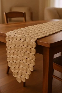 80" Natural Geometric Circles Scalloped Shape Jute Table Runner - Picture 1 of 8