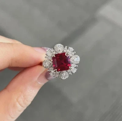 2CT Asscher Cut Lab-Created Ruby Engagement Ring 14K White Gold Plated - Image 1 of 3