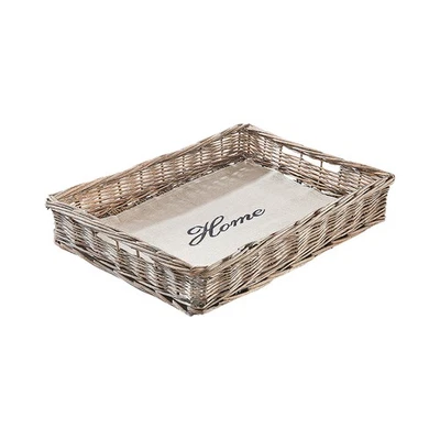 Tablett Dekotablett aus Weide grau Holzboden mit naturfarbenen Textil ausgelegt - Bild 1 von 4