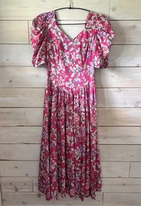 VTG Laura Ashley Floral Midi Dress Cottagecore Sz 10 Pink Puff Sleeves Low Back - Picture 1 of 8