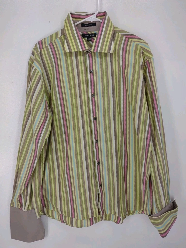 Brandini Dress Shirt Men's Size XL Striped Long Sleeve Flip Cuff Multicolor - Image 1 of 4