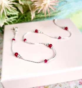 925 Sterling Silver chain Anklet RUBY July Birthstone  - Picture 1 of 9